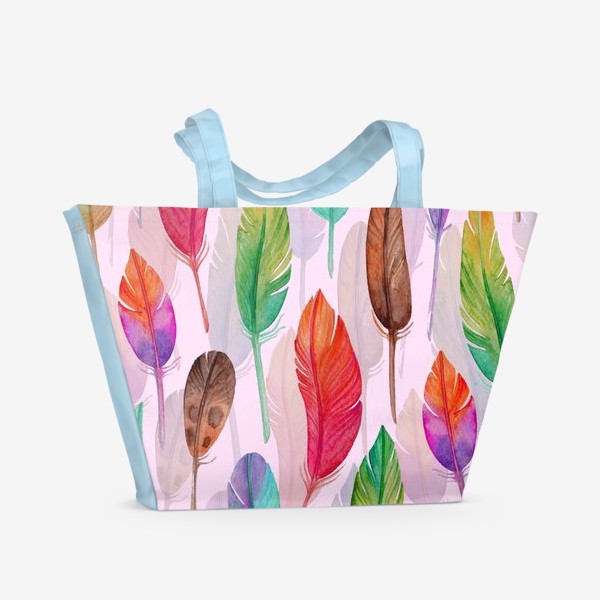 Пляжная сумка &laquo;Разноцветные акварельные перья на розовом фоне&raquo;