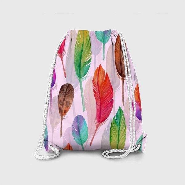 Рюкзак «Разноцветные акварельные перья на розовом фоне»