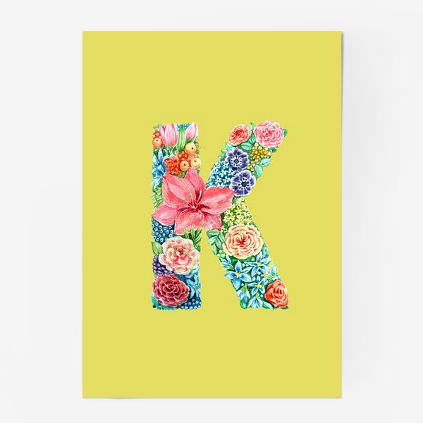 Постер «Цветочный алфавит. Буква K на желтом фоне»