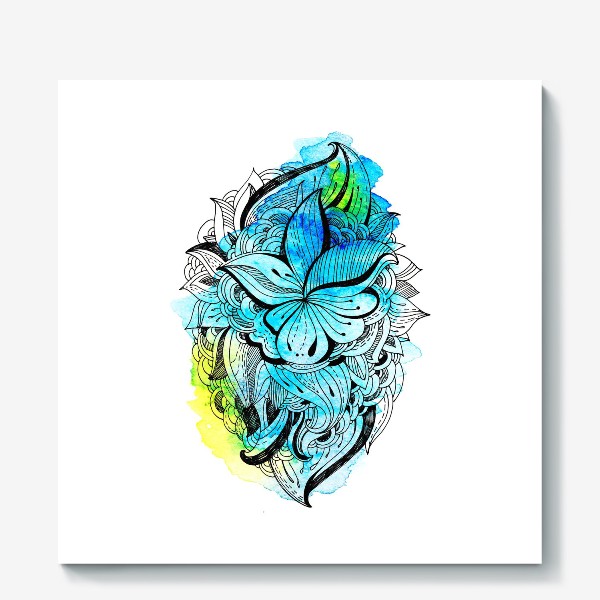 Холст &laquo;Графика и акварель. Абстрактный цветок на голубом фоне.&raquo;