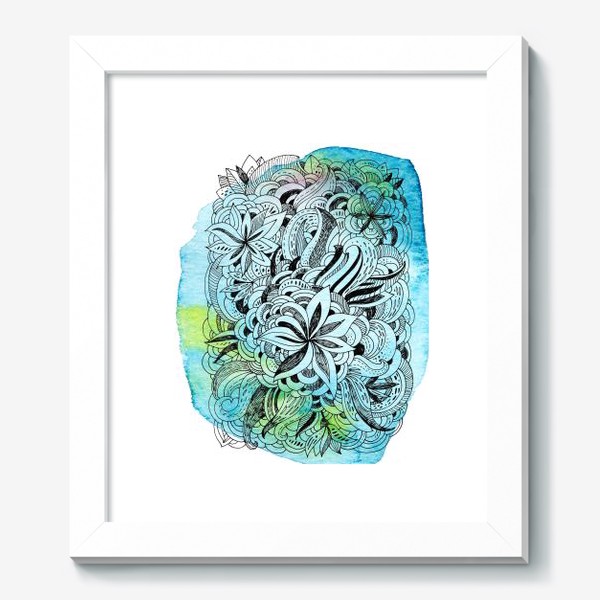 Картина «Графика и акварель. Абстрактные цветы на голубом фоне.»