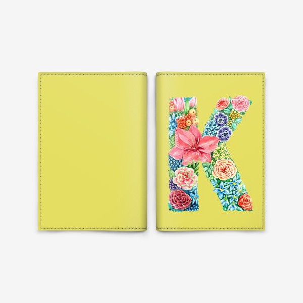 Обложка для паспорта «Цветочный алфавит. Буква K на желтом фоне»