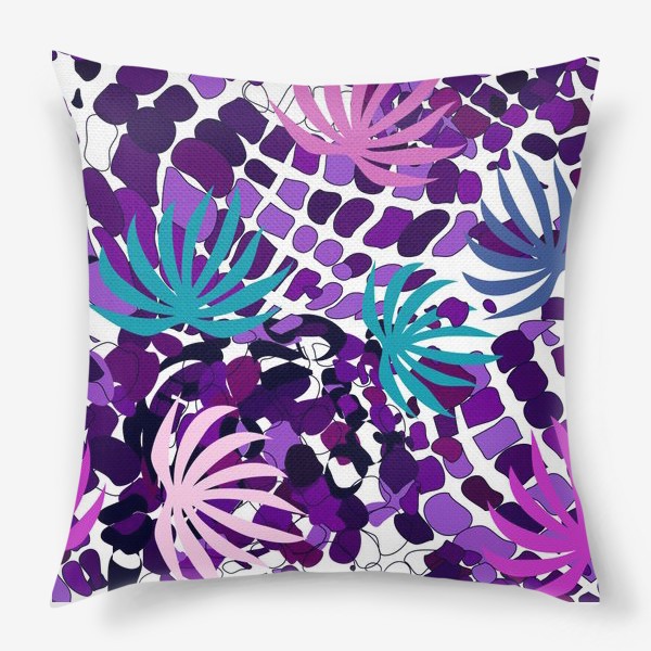 Подушка «Абстрактный розовый, синий, .фиолетовый фон с пальмовыми листьями »