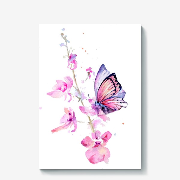 Холст &laquo;Акварель розовые цветы и бабочка&raquo;