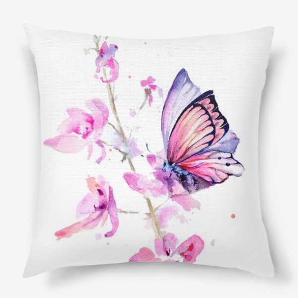 Подушка «Акварель розовые цветы и бабочка»