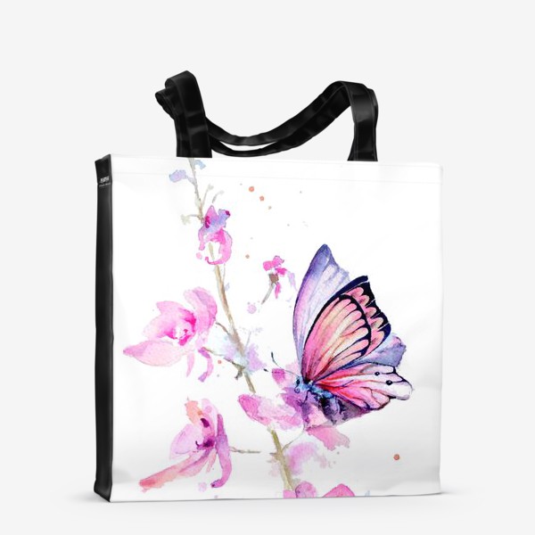 Сумка-шоппер «Акварель розовые цветы и бабочка»