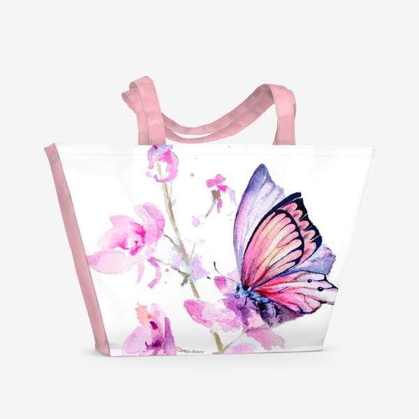 Пляжная сумка &laquo;Акварель розовые цветы и бабочка&raquo;