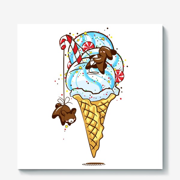 Холст «Шоколадные кролики, мороженое и конфеты.»