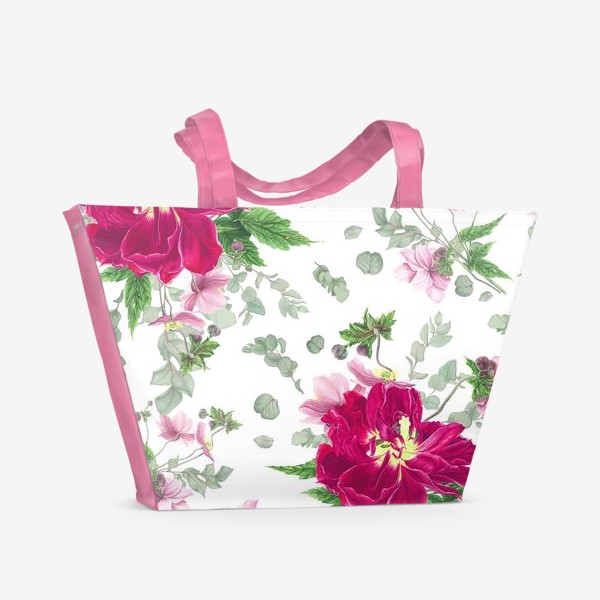 Пляжная сумка &laquo;Яркие розовые тюльпаны, анемоны и веточки эвкалипта&raquo;