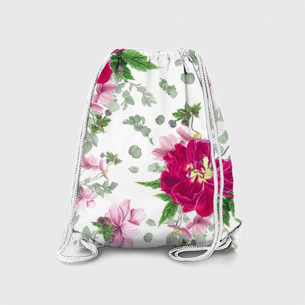 Рюкзак «Яркие розовые тюльпаны, анемоны и веточки эвкалипта»