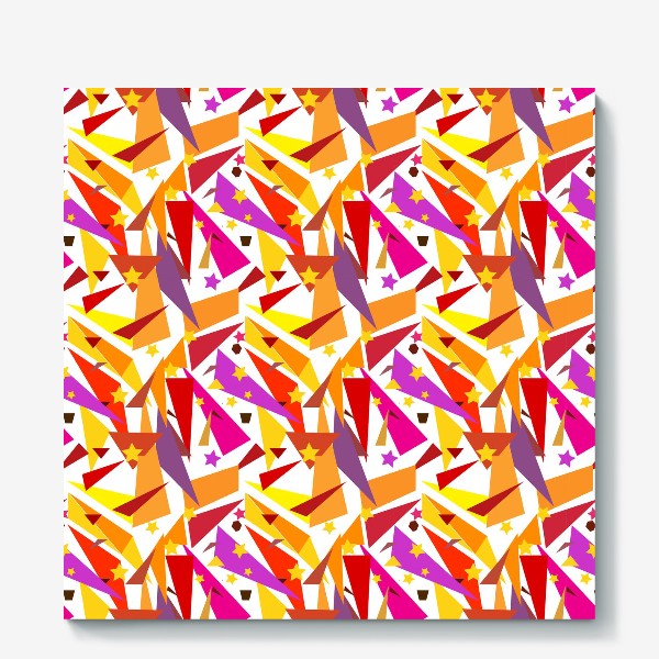Холст «Абстрактный геометрический оранжевый, розовый. фиолетовый, сиреневый узор с треугольниками и звездами на белом фоне»