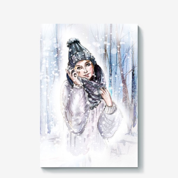 Холст «Девушка в шапке в зимнем лесу»