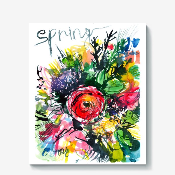 Холст «разноцветный букет с большим красным лютиком в центре, весна»