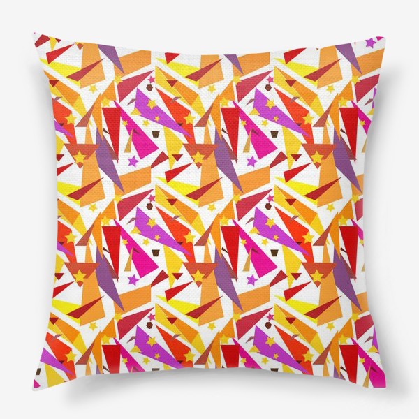 Подушка «Абстрактный геометрический оранжевый, розовый. фиолетовый, сиреневый узор с треугольниками и звездами на белом фоне»