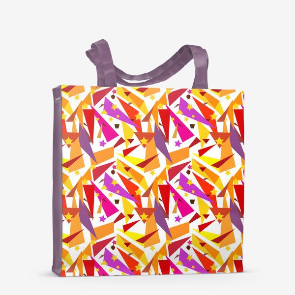 Сумка-шоппер &laquo;Абстрактный геометрический оранжевый, розовый. фиолетовый, сиреневый узор с треугольниками и звездами на белом фоне&raquo;