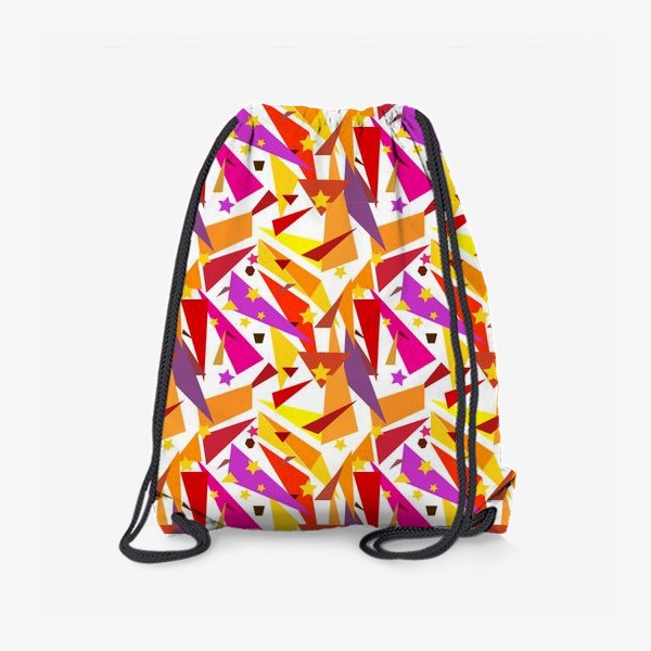 Рюкзак «Абстрактный геометрический оранжевый, розовый. фиолетовый, сиреневый узор с треугольниками и звездами на белом фоне»