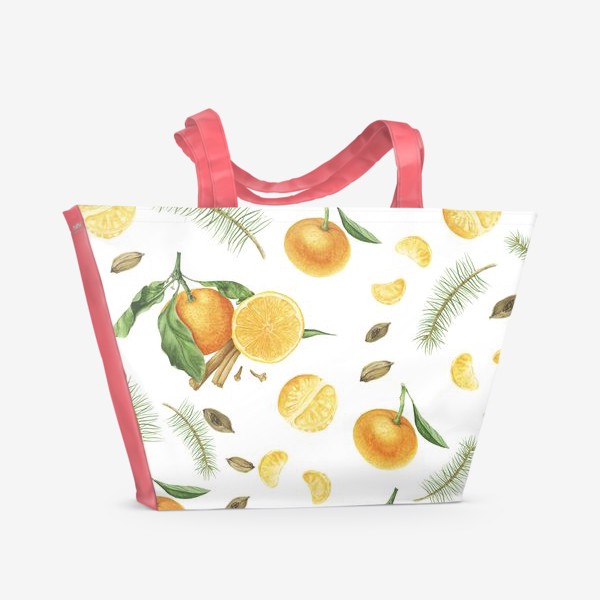 Пляжная сумка &laquo;Яркие мандарины, еловые веточки и специи&raquo;