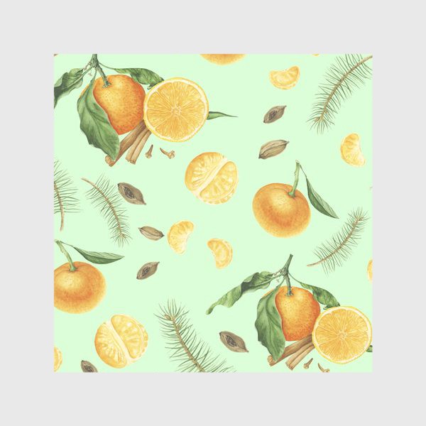 Скатерть «Яркие мандарины, еловые веточки и специи на светло-зеленом фоне»