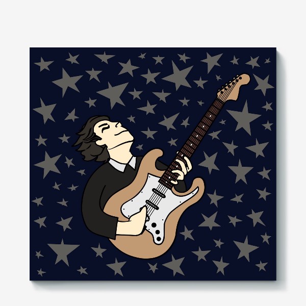 Холст «Гитарист с упоением играет соло - портрет парня, рисунок на синем фоне»