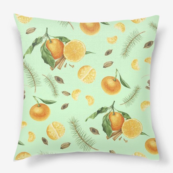 Подушка «Яркие мандарины, еловые веточки и специи на светло-зеленом фоне»
