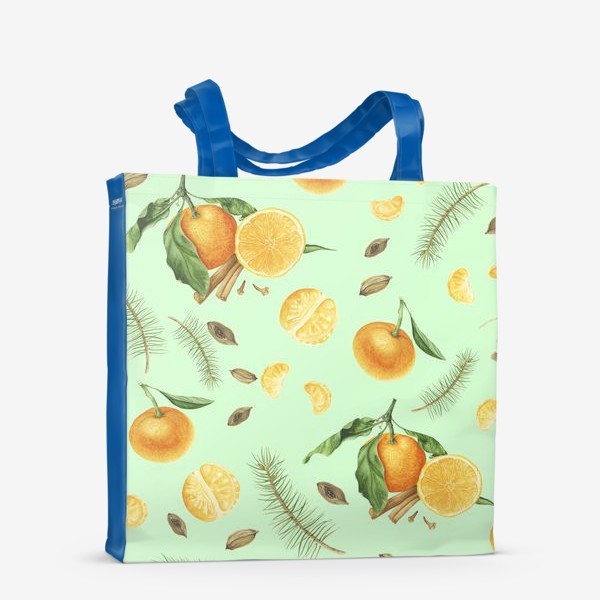 Сумка-шоппер «Яркие мандарины, еловые веточки и специи на светло-зеленом фоне»