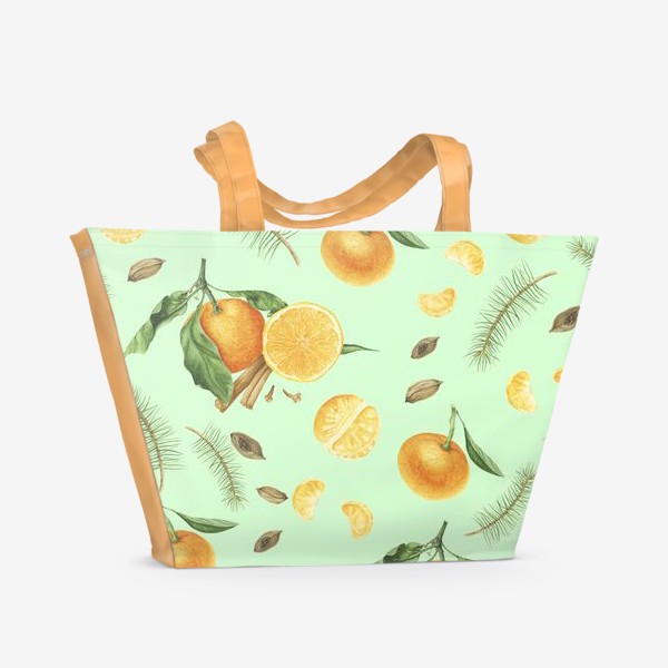 Пляжная сумка «Яркие мандарины, еловые веточки и специи на светло-зеленом фоне»