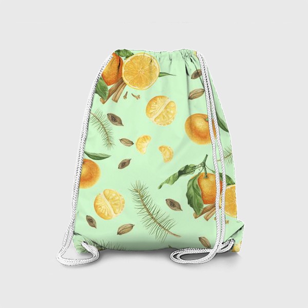 Рюкзак «Яркие мандарины, еловые веточки и специи на светло-зеленом фоне»