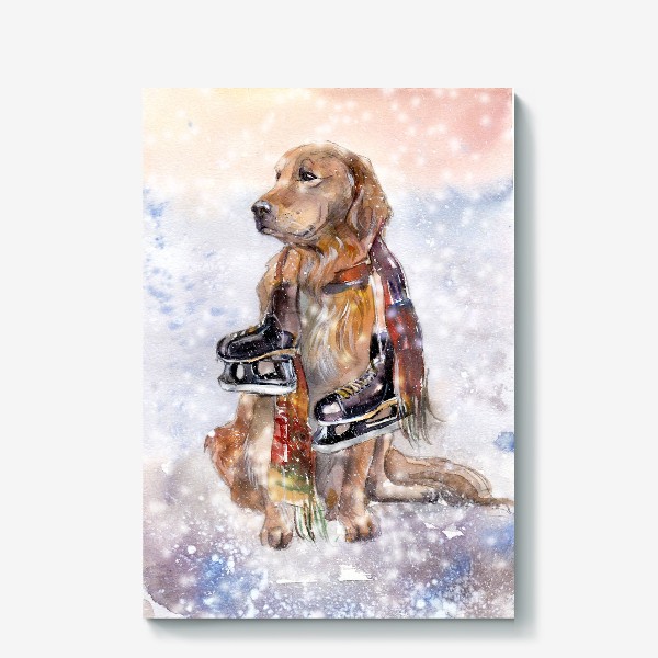 Холст «Собака в шарфе с коньками»