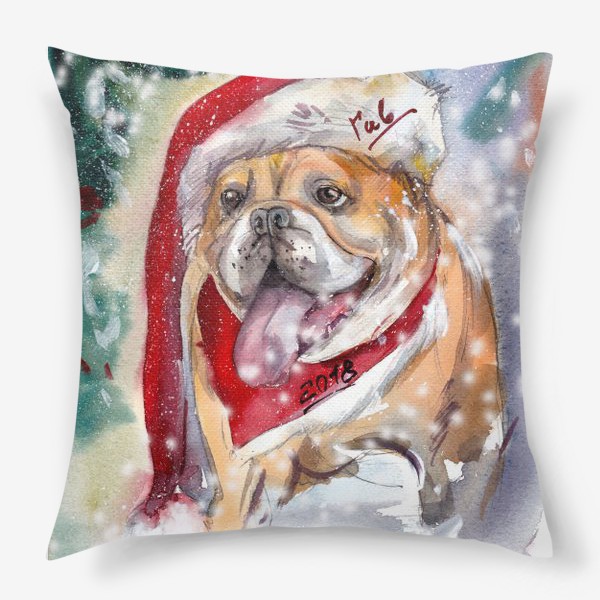 Подушка «Собака бульдог в снегу»