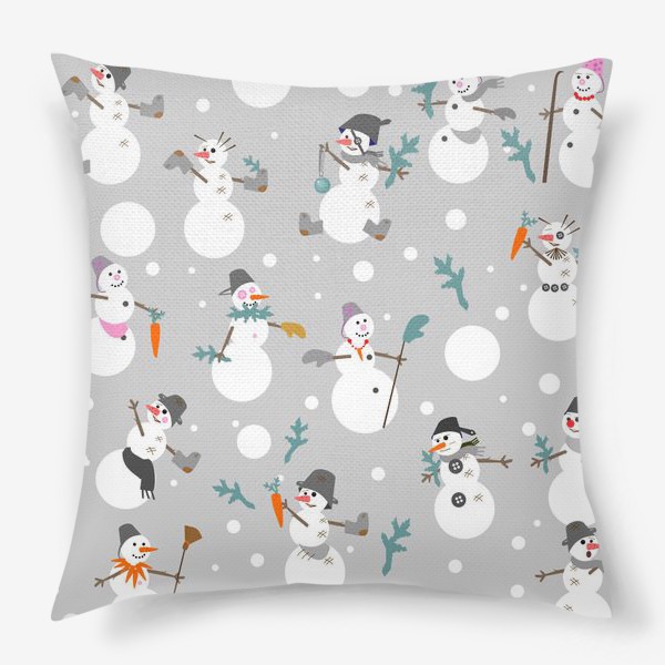 Подушка «Смешные снеговики с ведрами, сапогами, перчатками, морковью и еловыми ветками»