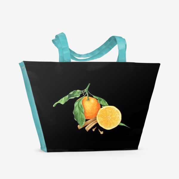 Пляжная сумка «Яркие мандарины на черном фоне»