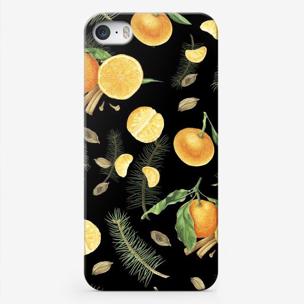 Чехол iPhone «Яркие мандарины, еловые веточки и специи на черном фоне»