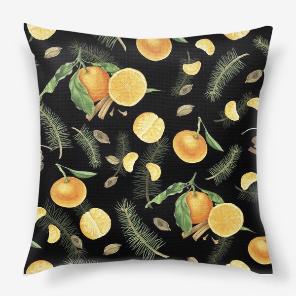 Подушка «Яркие мандарины, еловые веточки и специи на черном фоне»