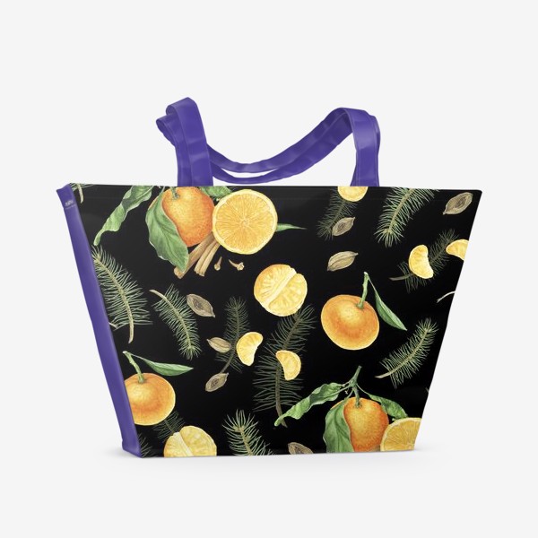 Пляжная сумка «Яркие мандарины, еловые веточки и специи на черном фоне»