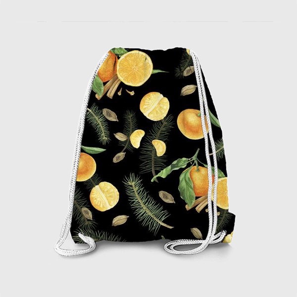 Рюкзак «Яркие мандарины, еловые веточки и специи на черном фоне»