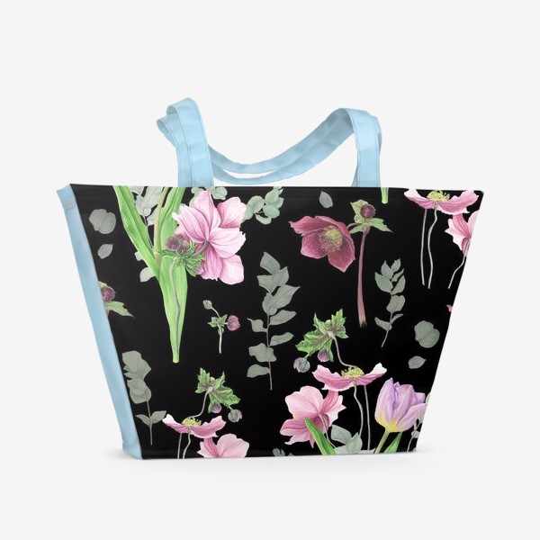 Пляжная сумка «Весенние цветы на черном фоне»