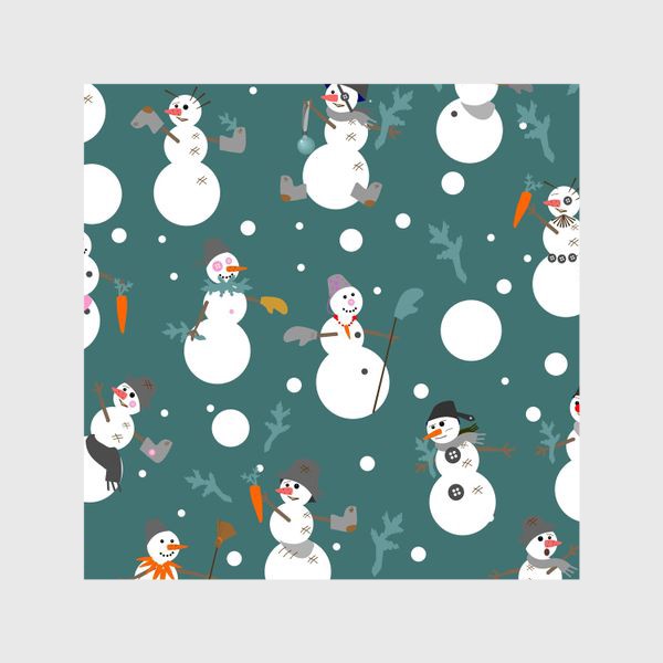 Шторы «Смешные снеговики с ведрами, сапогами, перчатками, морковью и еловыми ветками»