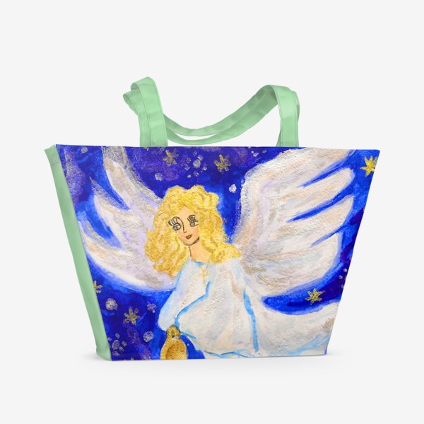 Пляжная сумка «Ангел с колокольчиком, рождественская открытка»