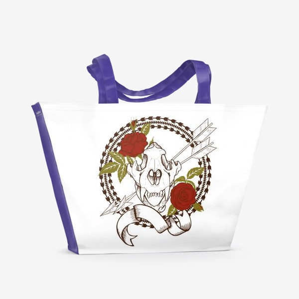 Пляжная сумка «череп тигра, стрелы и розы»