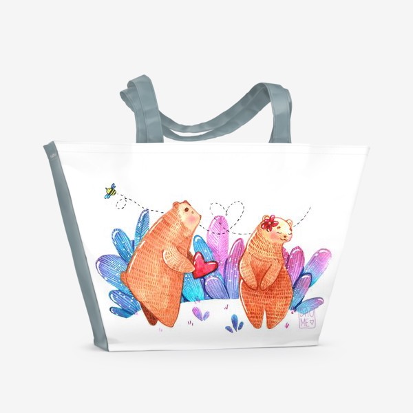 Пляжная сумка «Акварель "Мишкино счастье". Мишка дарит сердечко на день Св. Валентина»