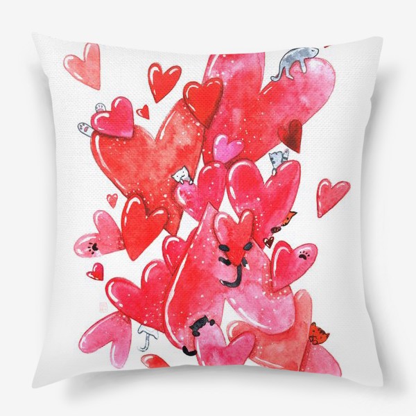 Подушка «Акварельные коты в сердечках на день Св. Валентина»