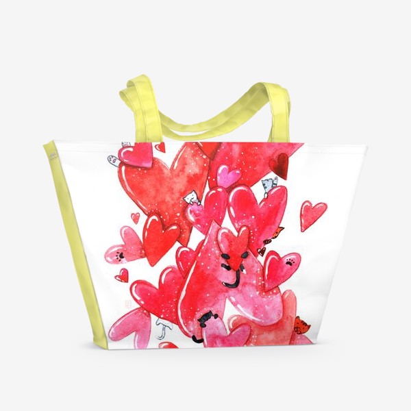 Пляжная сумка «Акварельные коты в сердечках на день Св. Валентина»