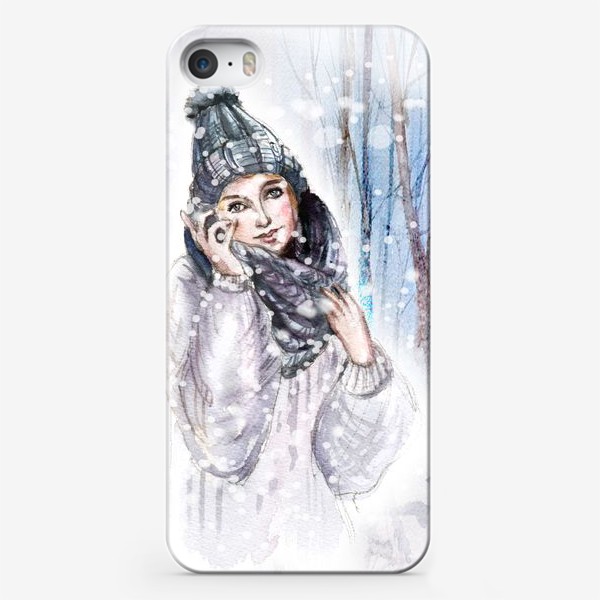 Чехол iPhone «Девушка в шапке в зимнем лесу»