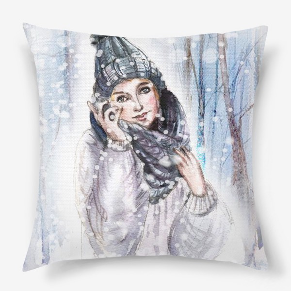 Подушка «Девушка в шапке в зимнем лесу»