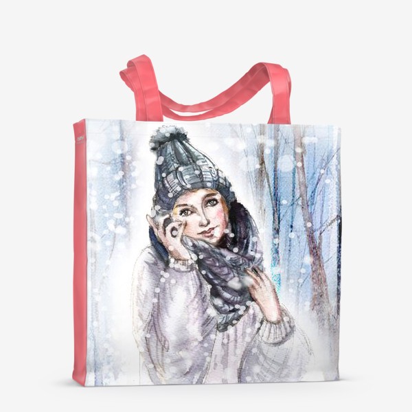Сумка-шоппер «Девушка в шапке в зимнем лесу»