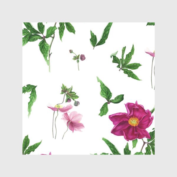 Шторы «Розовые пионы и анемоны с листьями»
