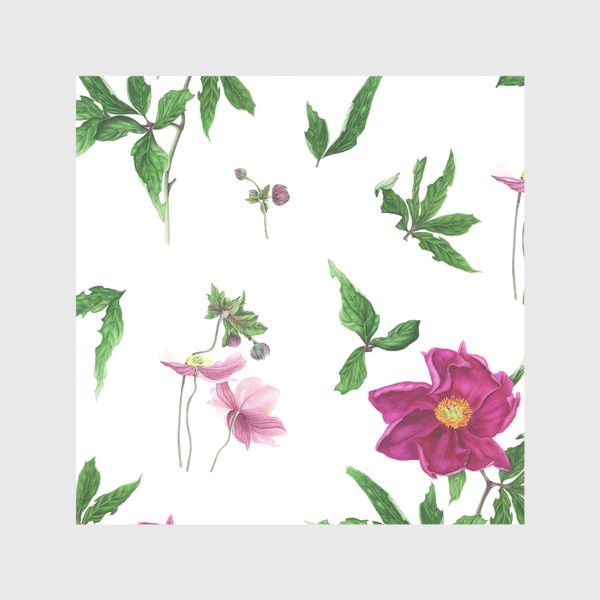 Скатерть «Розовые пионы и анемоны с листьями»
