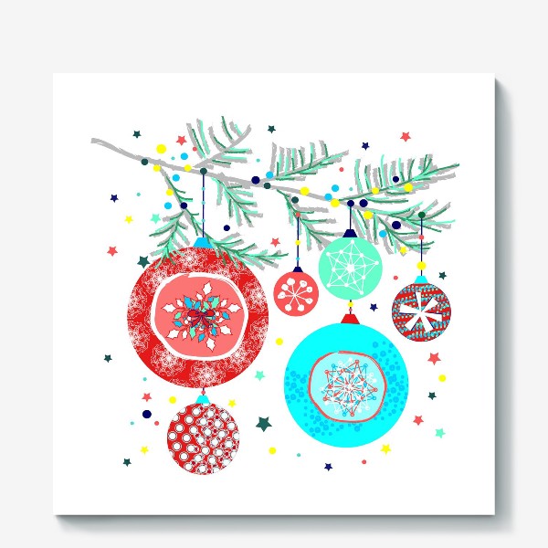 Холст «Новый год украшения елка шары иллюстрация конфетти»
