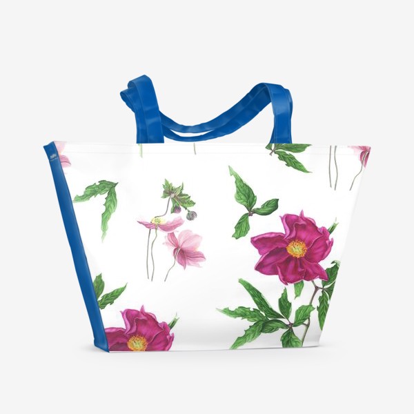 Пляжная сумка «Розовые пионы и анемоны с листьями»
