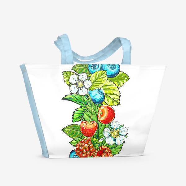 Пляжная сумка &laquo;Ягоды, цветы и листья. клубника, голубика, вишня, малина&raquo;